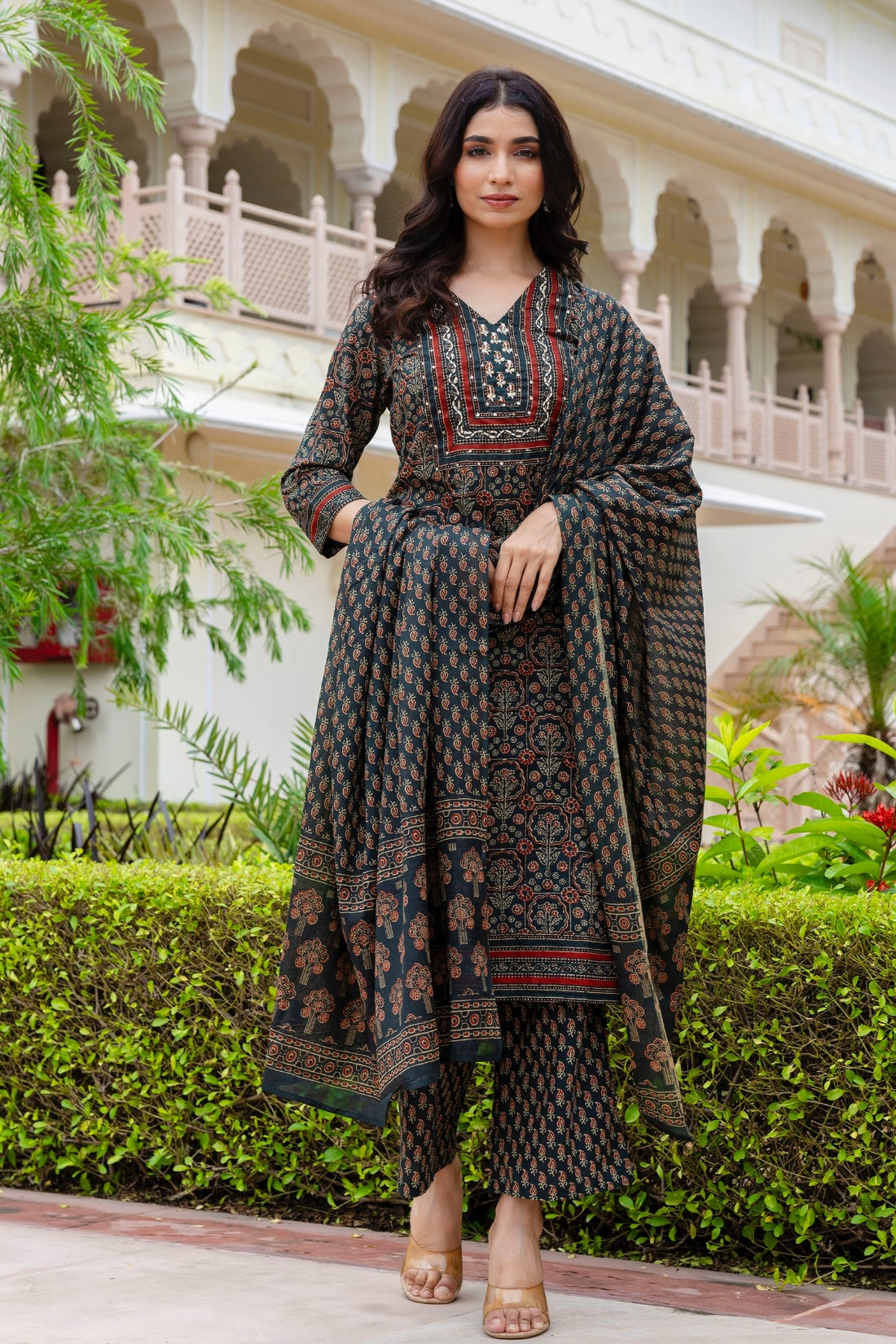 Dark Green Ajrakh Print Yoke Design Kurta Set with Trousers and Dupatta