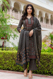 Dark Green Ajrakh Print Yoke Design Kurta Set with Trousers and Dupatta