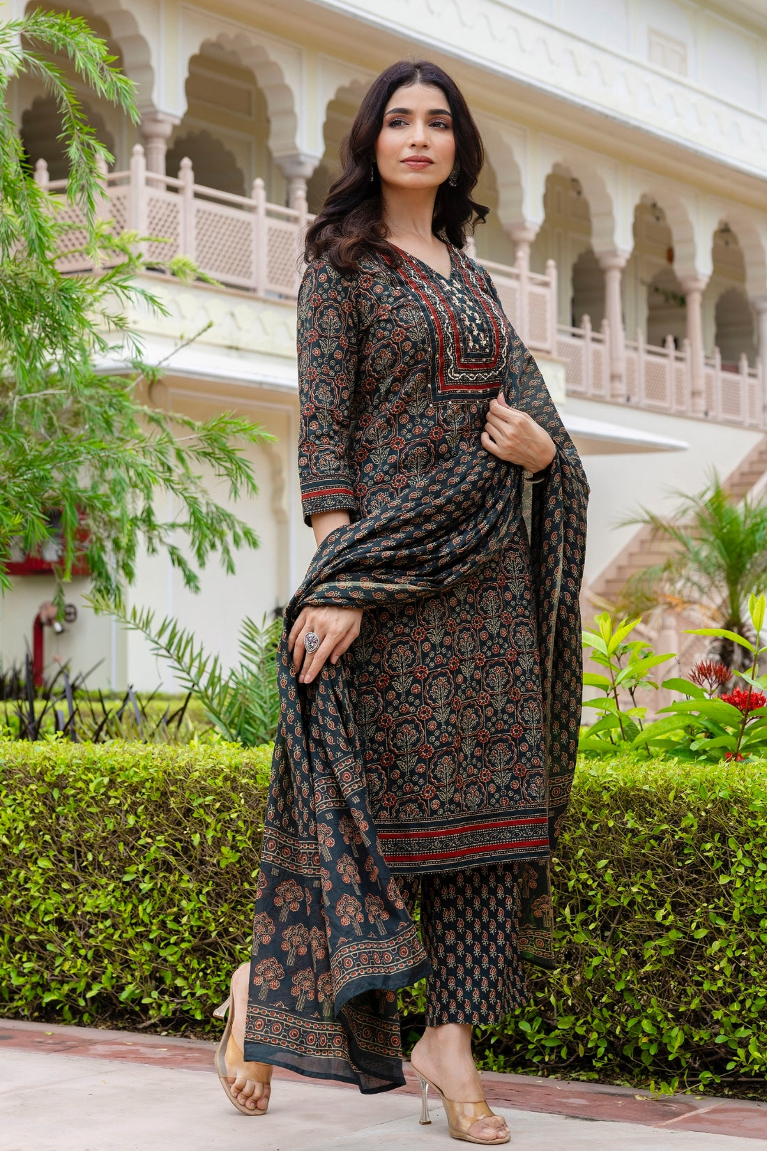 Dark Green Ajrakh Print Yoke Design Kurta Set with Trousers and Dupatta