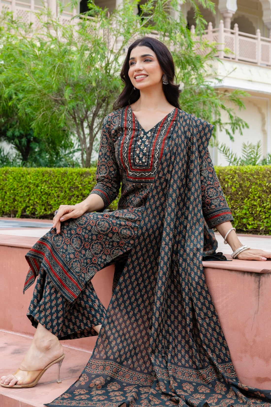 Dark Green Ajrakh Print Yoke Design Kurta Set with Trousers and Dupatta