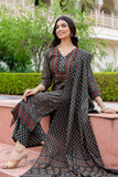 Dark Green Ajrakh Print Yoke Design Kurta Set with Trousers and Dupatta
