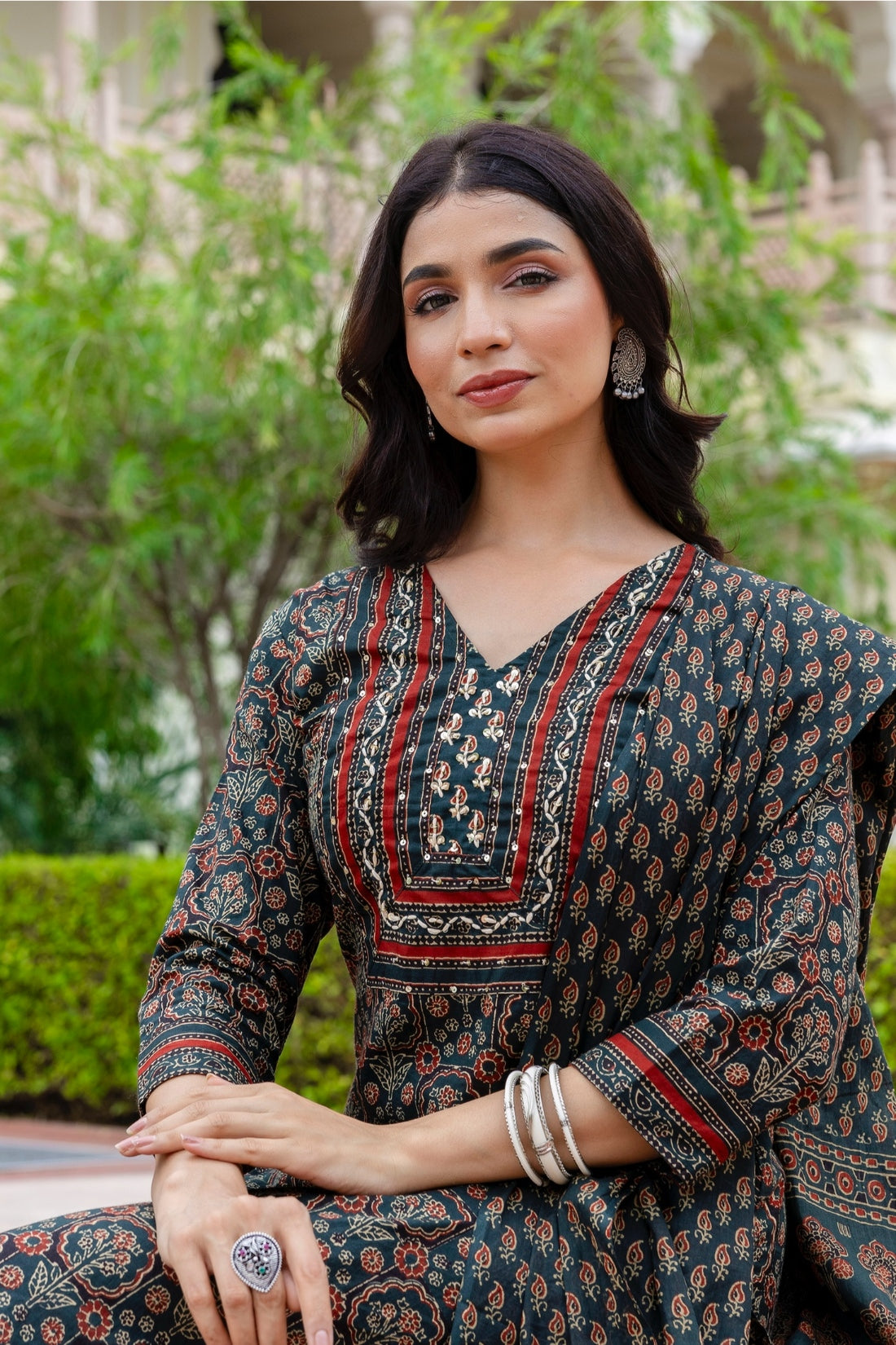 Dark Green Ajrakh Print Yoke Design Kurta Set with Trousers and Dupatta