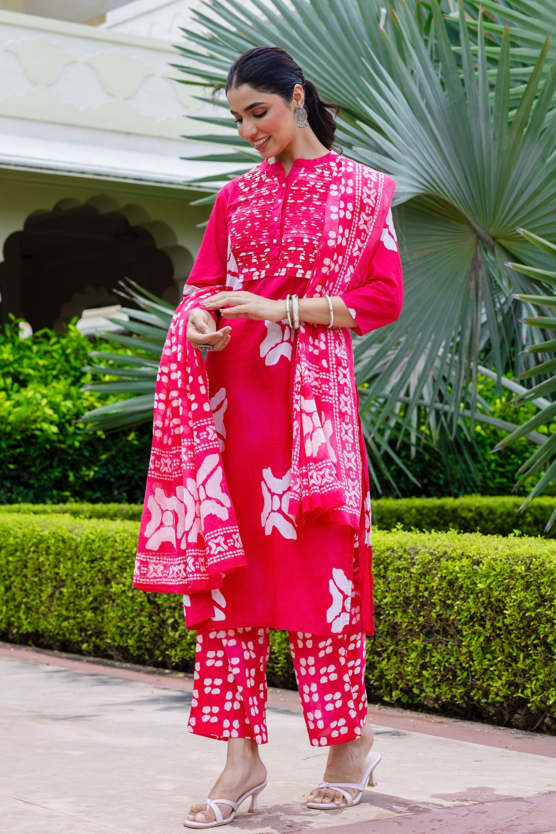 Pink Festive Yoke Design Kurta Set with Palazzo and Dupatta