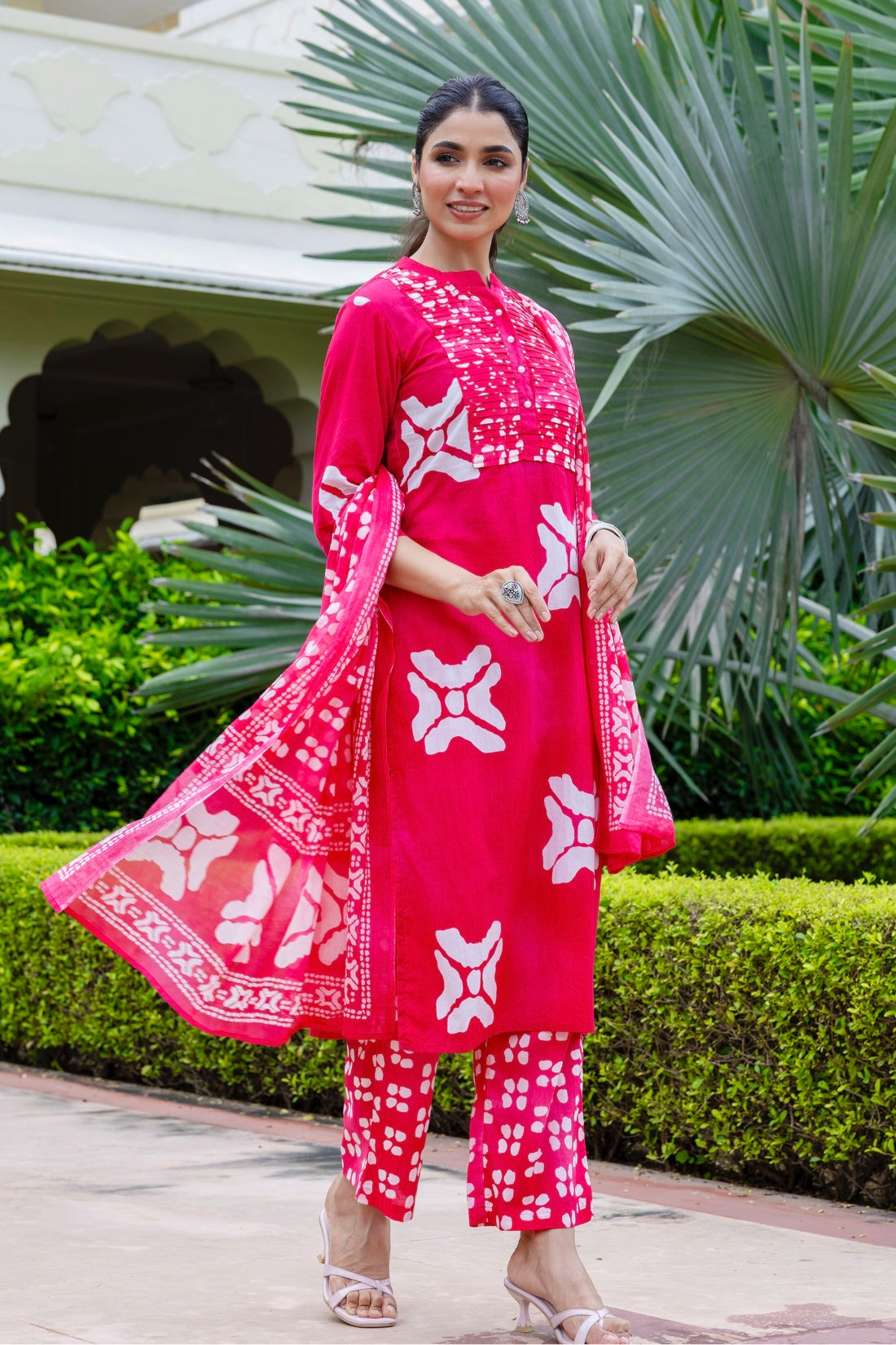 Pink Festive Yoke Design Kurta Set with Palazzo and Dupatta