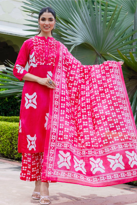 Pink Festive Yoke Design Kurta Set with Palazzo and Dupatta