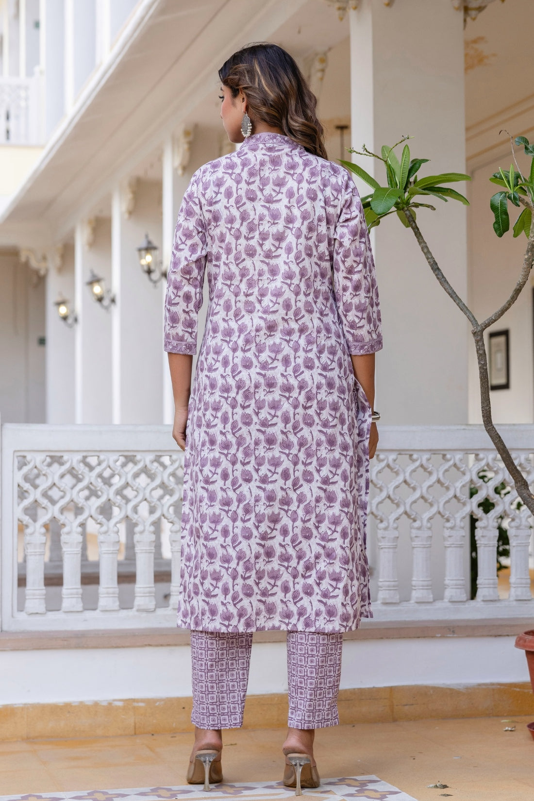 Purple Floral Print Plackett Highlight Kurta Set with Trousers and Dupatta