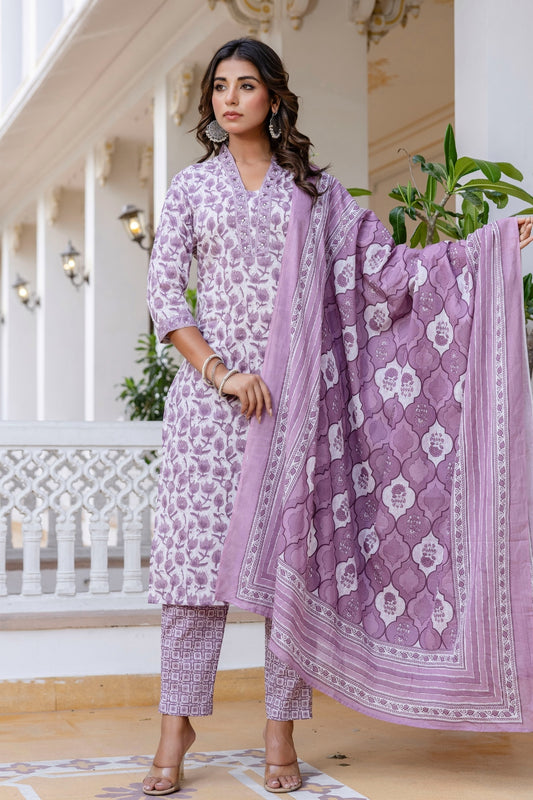 Purple Floral Print Plackett Highlight Kurta Set with Trousers and Dupatta