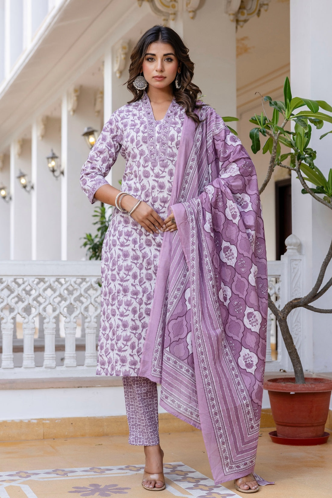 Purple Floral Print Plackett Highlight Kurta Set with Trousers and Dupatta