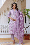 Purple Floral Print Plackett Highlight Kurta Set with Trousers and Dupatta
