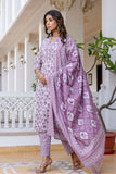Purple Floral Print Plackett Highlight Kurta Set with Trousers and Dupatta