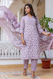 Purple Floral Print Plackett Highlight Kurta Set with Trousers and Dupatta