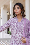 Purple Floral Print Plackett Highlight Kurta Set with Trousers and Dupatta