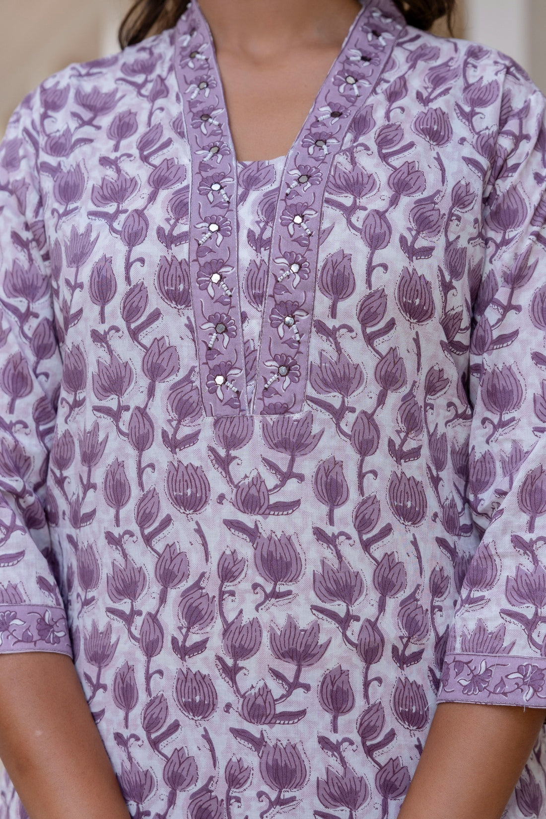 Purple Floral Print Plackett Highlight Kurta Set with Trousers and Dupatta