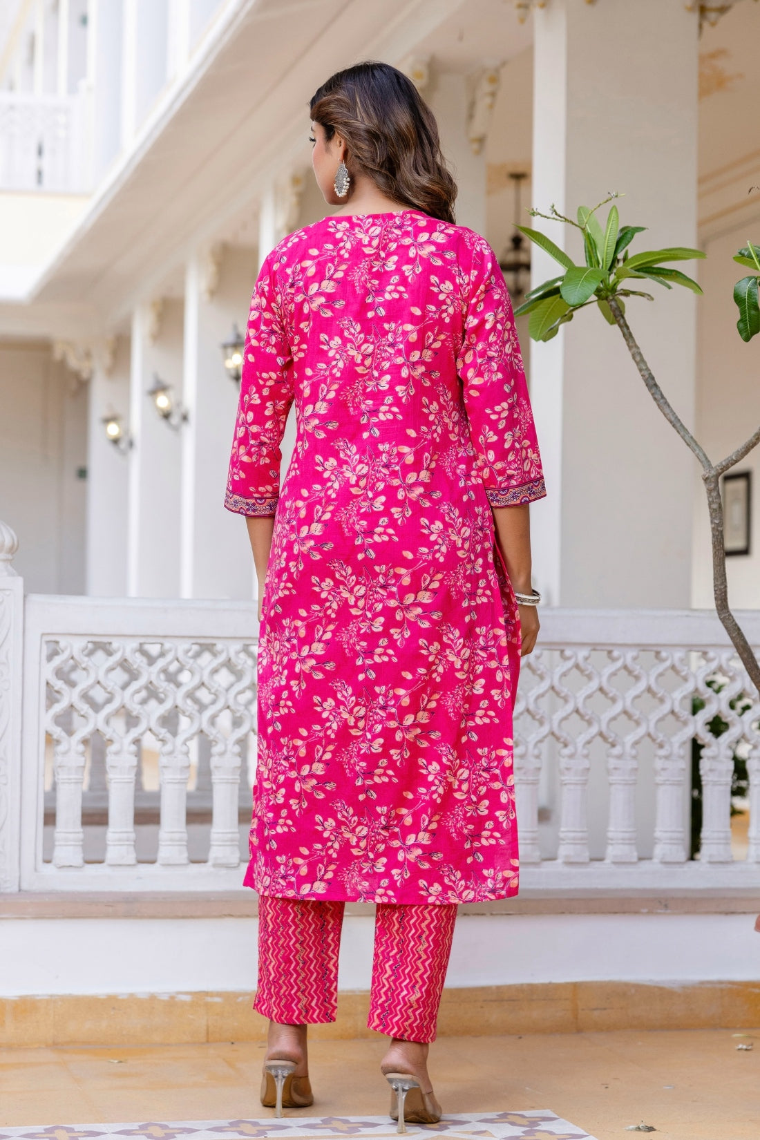 Rani Pink Cotton Printed Kurta Set with Trousers and Dupatta