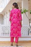 Rani Pink Cotton Printed Kurta Set with Trousers and Dupatta