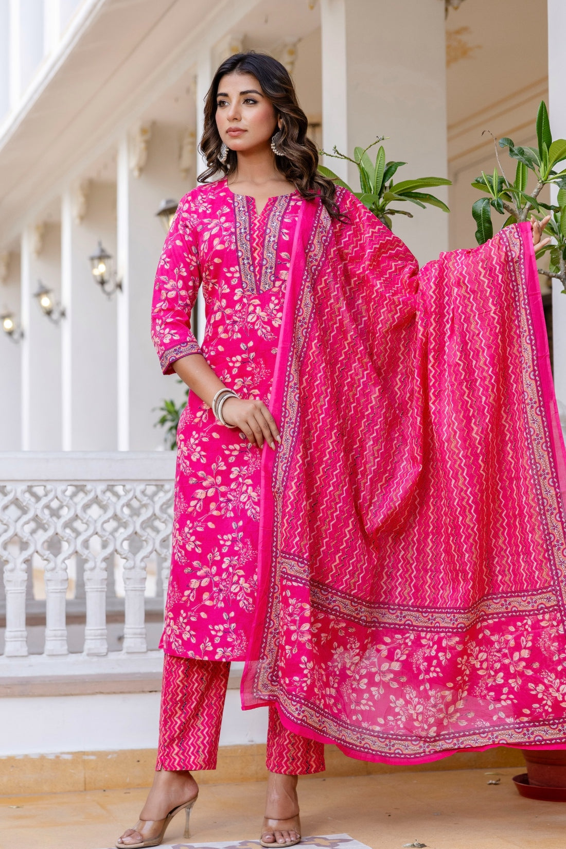Rani Pink Cotton Printed Kurta Set with Trousers and Dupatta