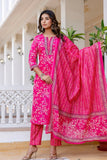Rani Pink Cotton Printed Kurta Set with Trousers and Dupatta