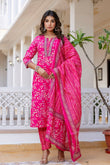 Rani Pink Cotton Printed Kurta Set with Trousers and Dupatta