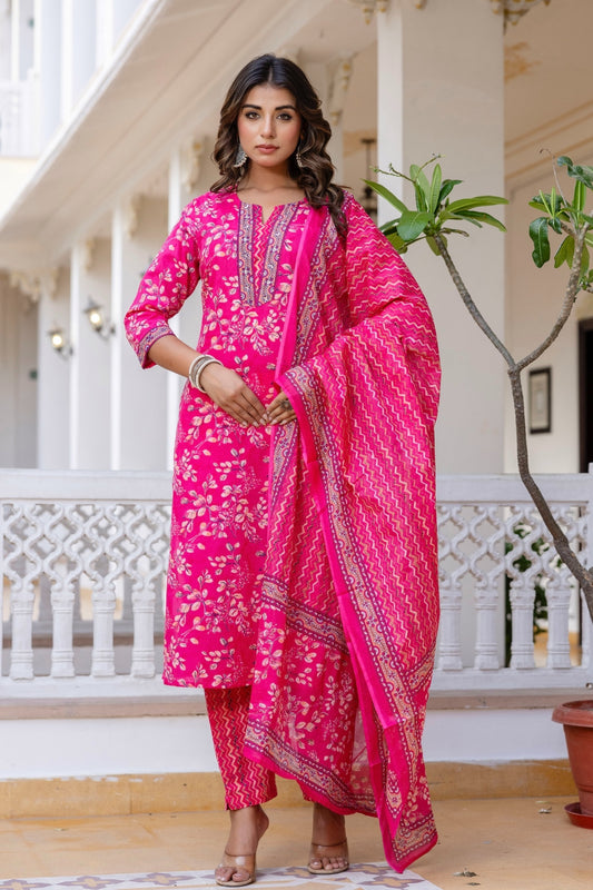 Rani Pink Cotton Printed Kurta Set with Trousers and Dupatta