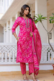 Rani Pink Cotton Printed Kurta Set with Trousers and Dupatta