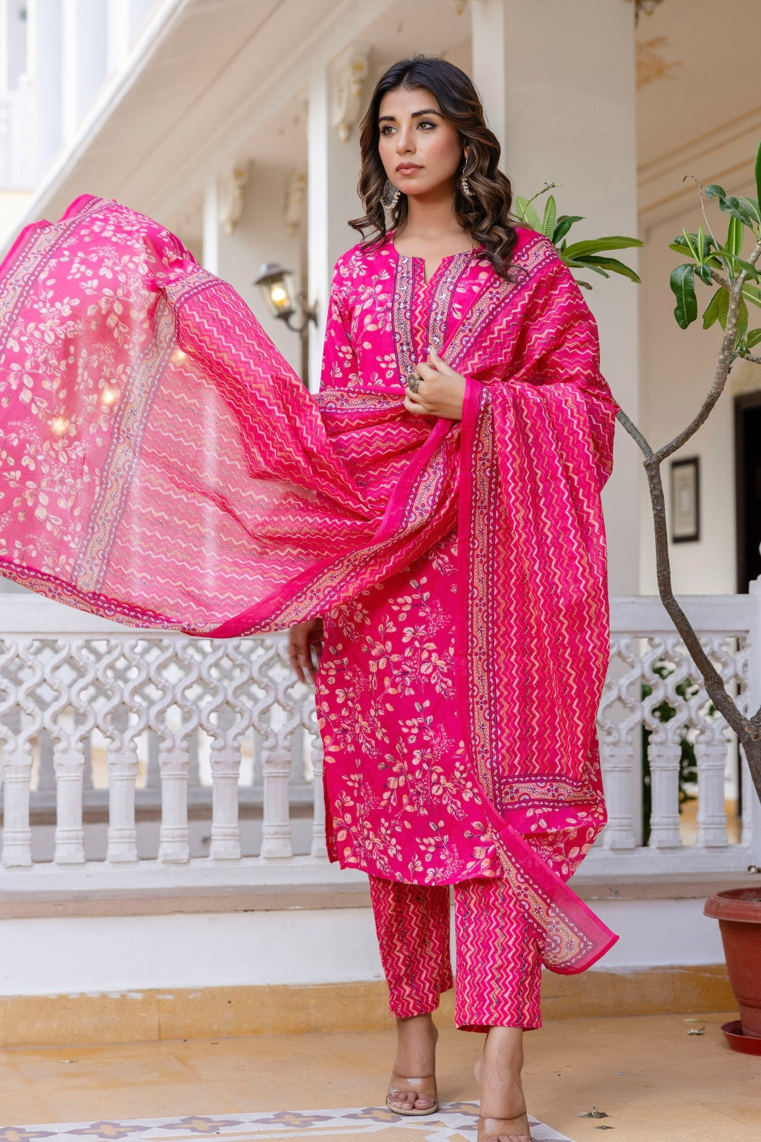 Rani Pink Cotton Printed Kurta Set with Trousers and Dupatta