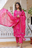 Rani Pink Cotton Printed Kurta Set with Trousers and Dupatta