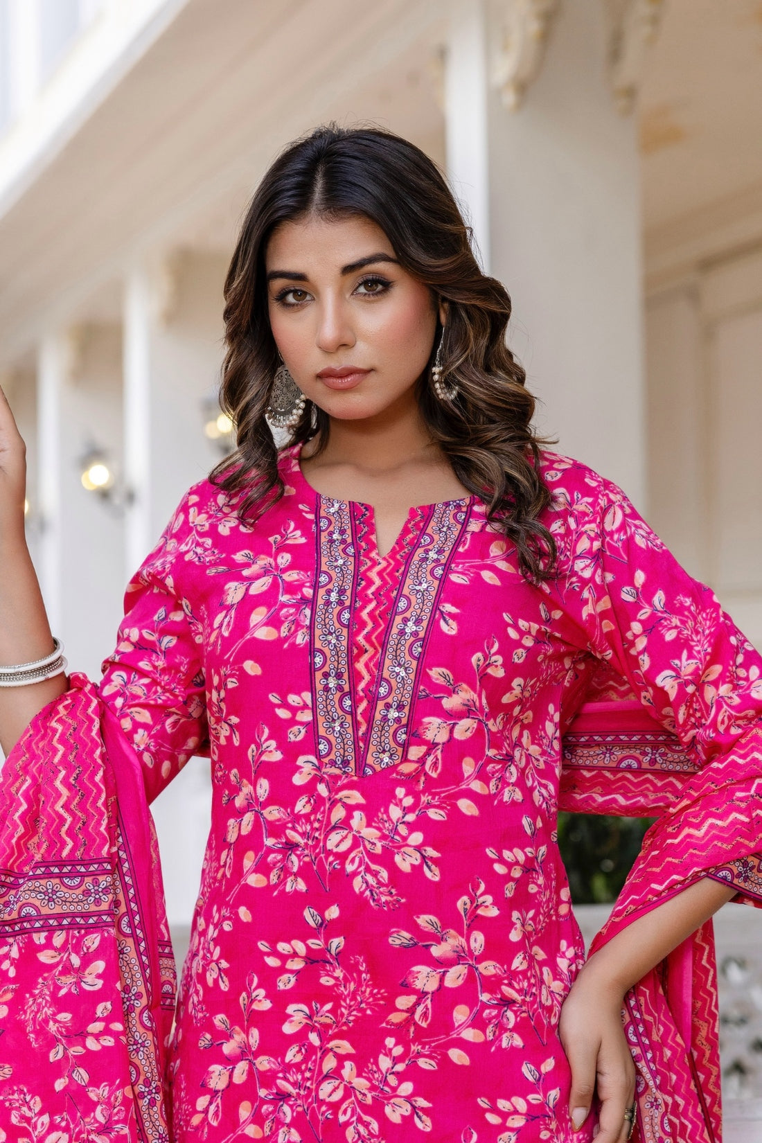 Rani Pink Cotton Printed Kurta Set with Trousers and Dupatta