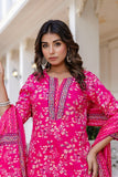 Rani Pink Cotton Printed Kurta Set with Trousers and Dupatta