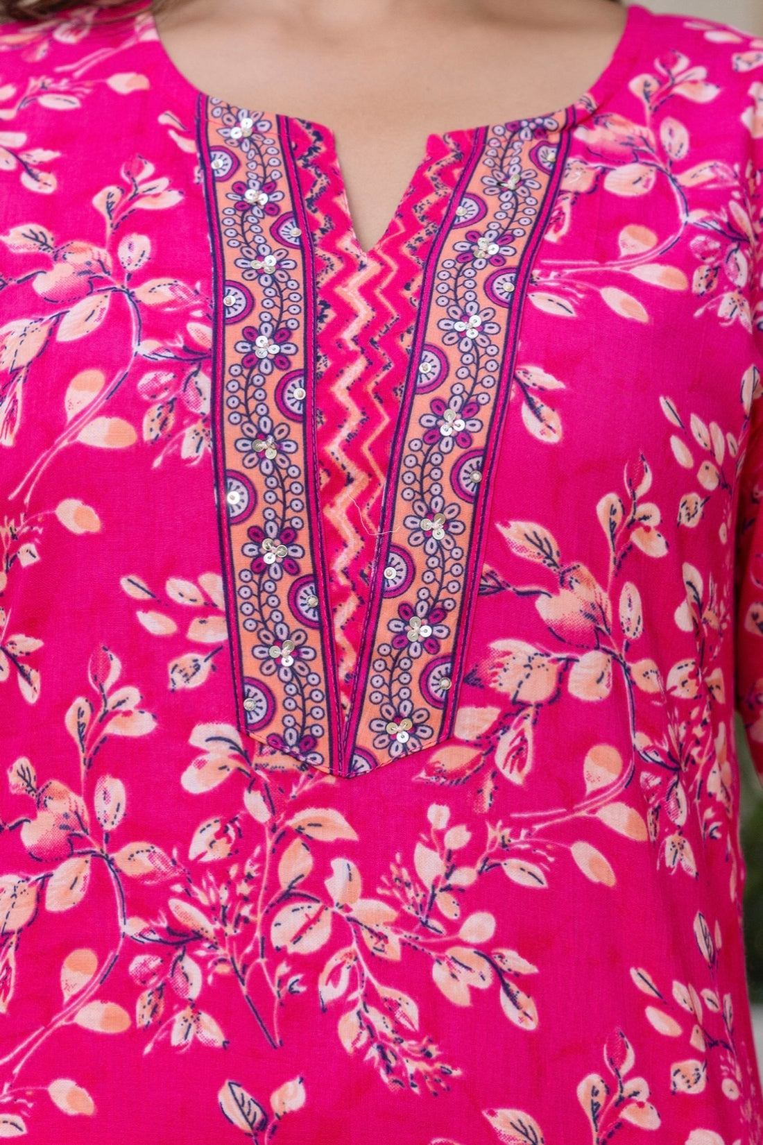 Rani Pink Cotton Printed Kurta Set with Trousers and Dupatta