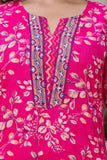 Rani Pink Cotton Printed Kurta Set with Trousers and Dupatta