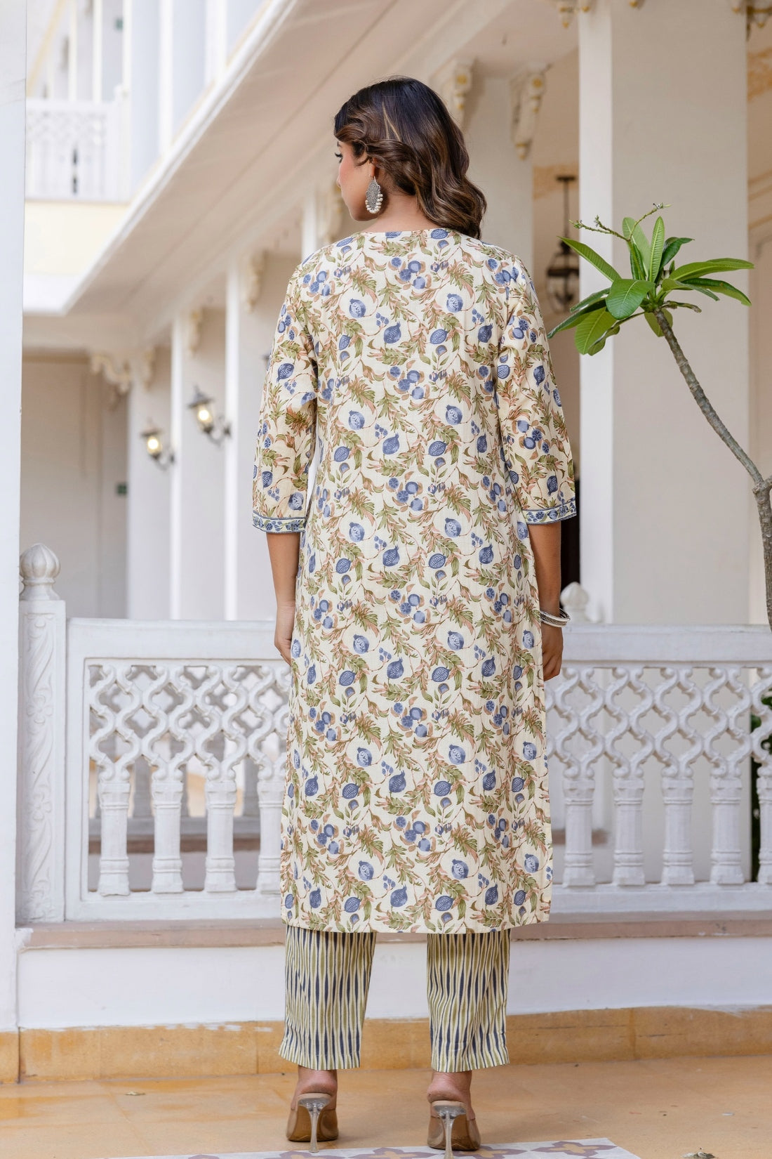 Cream and Grey Floral Cotton Kurta Set with Trousers and Dupatta