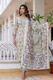Cream and Grey Floral Cotton Kurta Set with Trousers and Dupatta