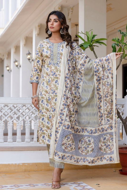 Cream and Grey Floral Cotton Kurta Set with Trousers and Dupatta