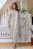 Cream and Grey Floral Cotton Kurta Set with Trousers and Dupatta