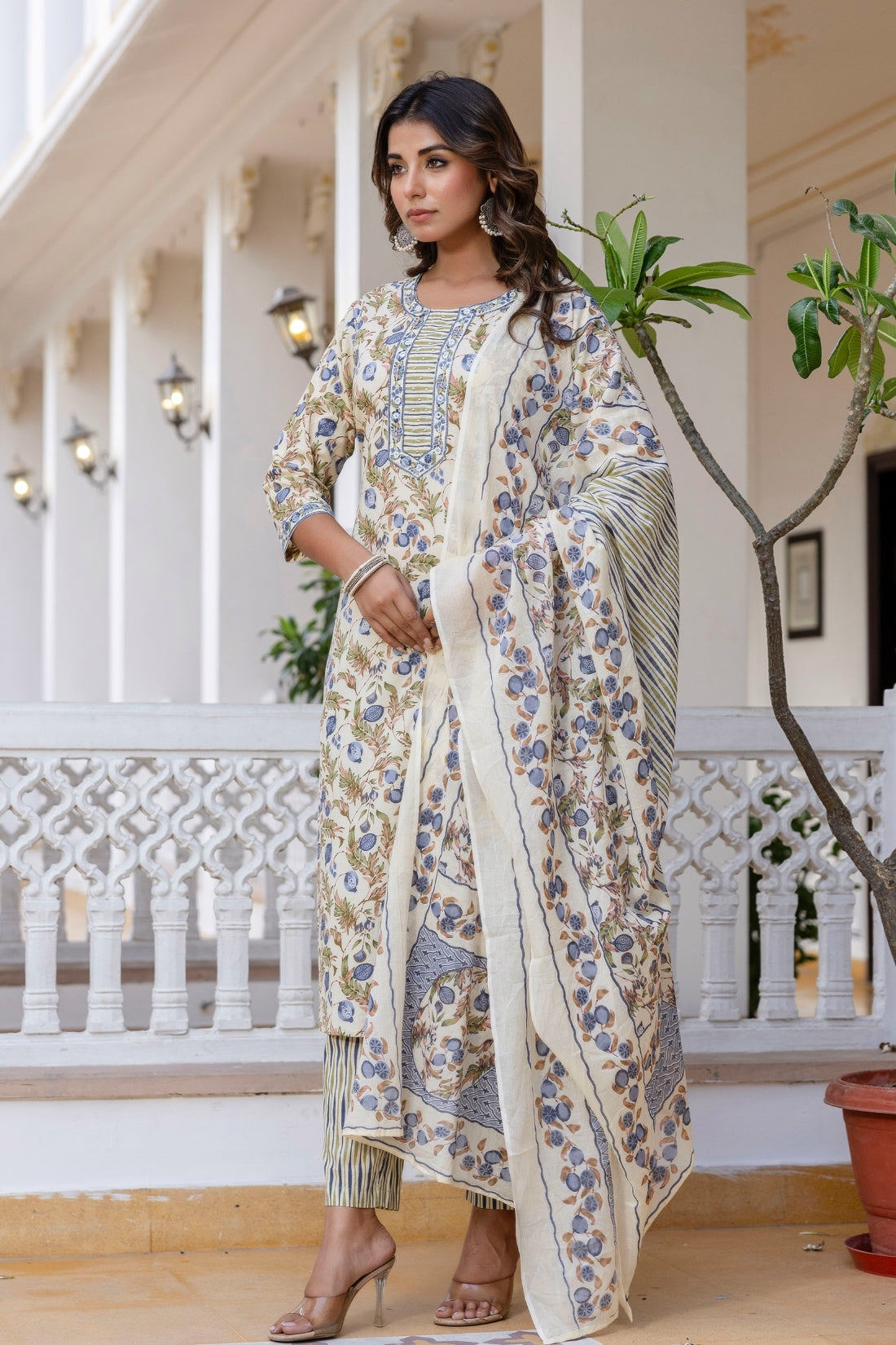 Cream and Grey Floral Cotton Kurta Set with Trousers and Dupatta