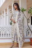 Cream and Grey Floral Cotton Kurta Set with Trousers and Dupatta