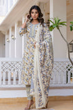 Cream and Grey Floral Cotton Kurta Set with Trousers and Dupatta