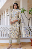 Cream and Grey Floral Cotton Kurta Set with Trousers and Dupatta