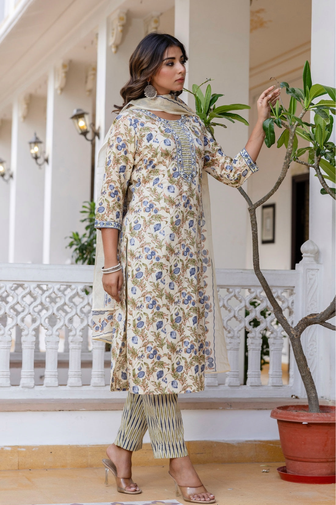 Cream and Grey Floral Cotton Kurta Set with Trousers and Dupatta