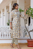 Cream and Grey Floral Cotton Kurta Set with Trousers and Dupatta