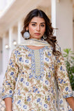 Cream and Grey Floral Cotton Kurta Set with Trousers and Dupatta