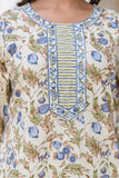 Cream and Grey Floral Cotton Kurta Set with Trousers and Dupatta