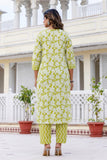 Green Floral Print Plackett Design Kurta Set with Trousers and Dupatta
