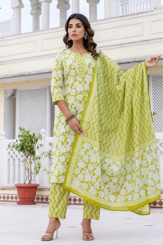 Green Floral Print Plackett Design Kurta Set with Trousers and Dupatta