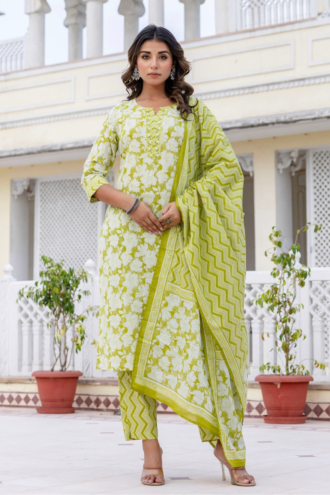 Green Floral Print Plackett Design Kurta Set with Trousers and Dupatta