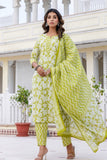 Green Floral Print Plackett Design Kurta Set with Trousers and Dupatta