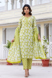 Green Floral Print Plackett Design Kurta Set with Trousers and Dupatta