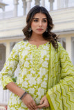 Green Floral Print Plackett Design Kurta Set with Trousers and Dupatta
