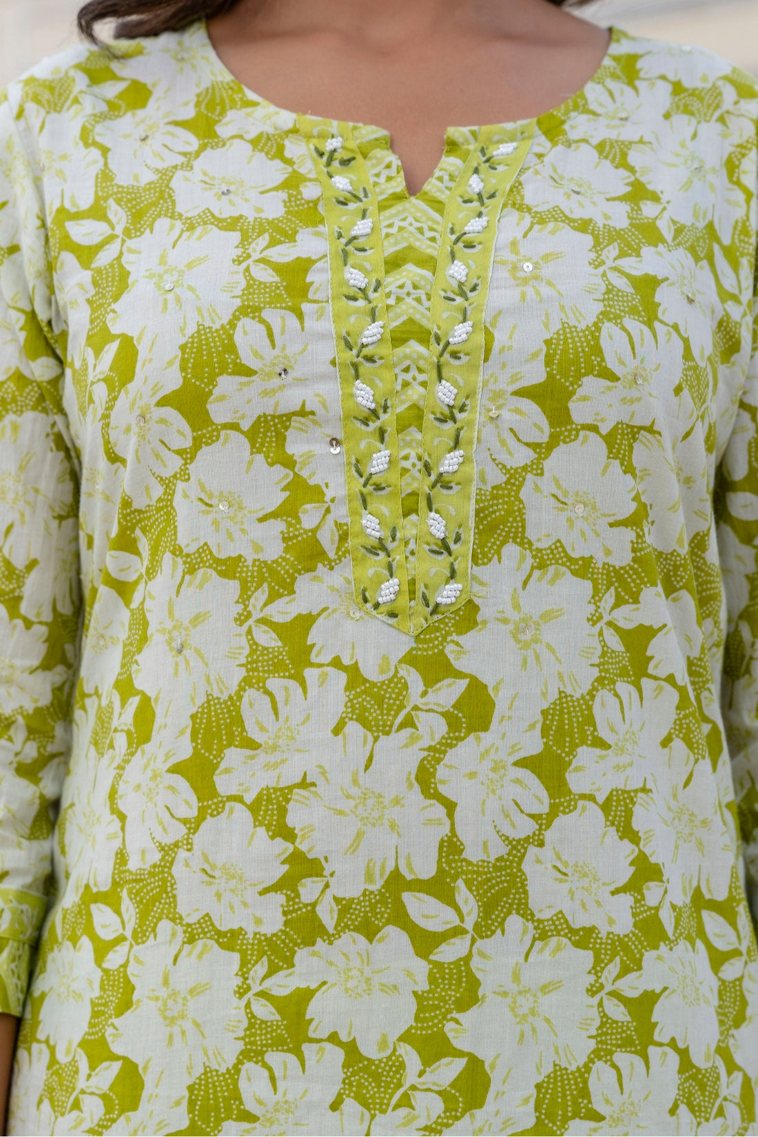 Green Floral Print Plackett Design Kurta Set with Trousers and Dupatta