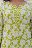Green Floral Print Plackett Design Kurta Set with Trousers and Dupatta